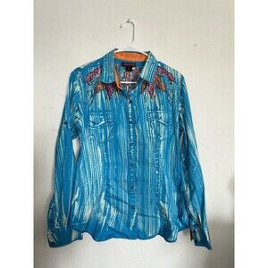 rock and roll cowgirl shirt, Size L, Pearl Snaps, Brocade Feather,  Missing Snap